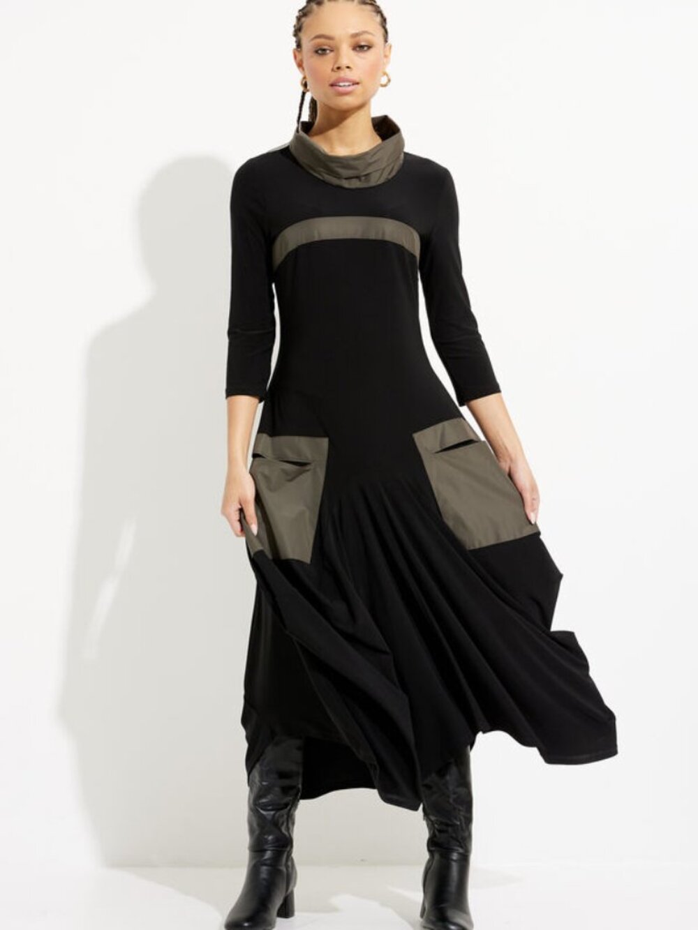 Joseph Ribkoff Black/Avocado Cowl Neck Asymmetric Cocoon Midi Dress